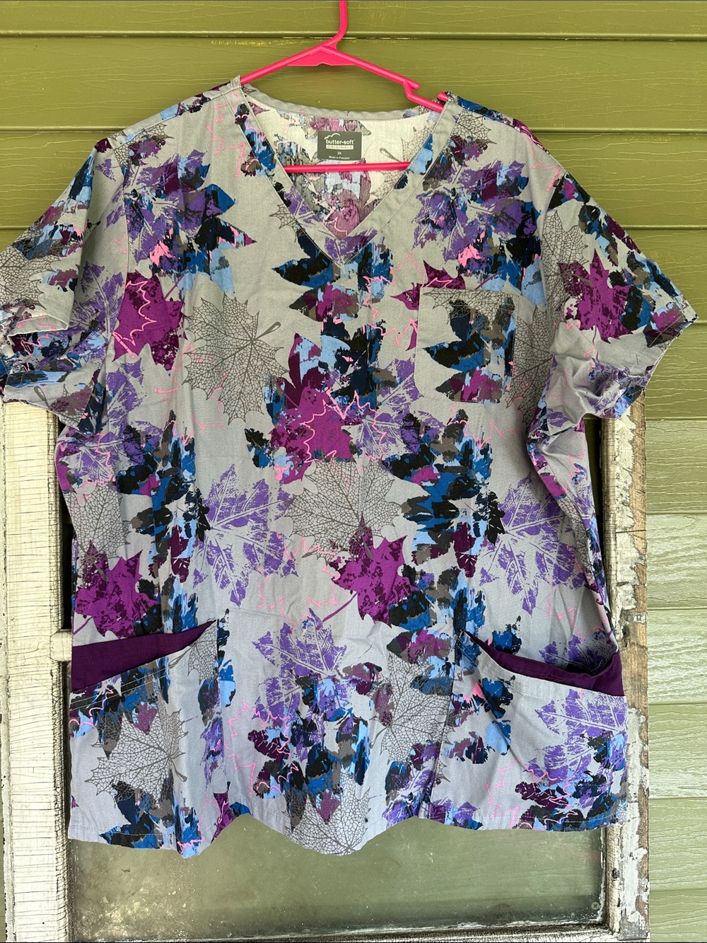Butter Soft Purple Leaf-Print V-Neck Scrub Top